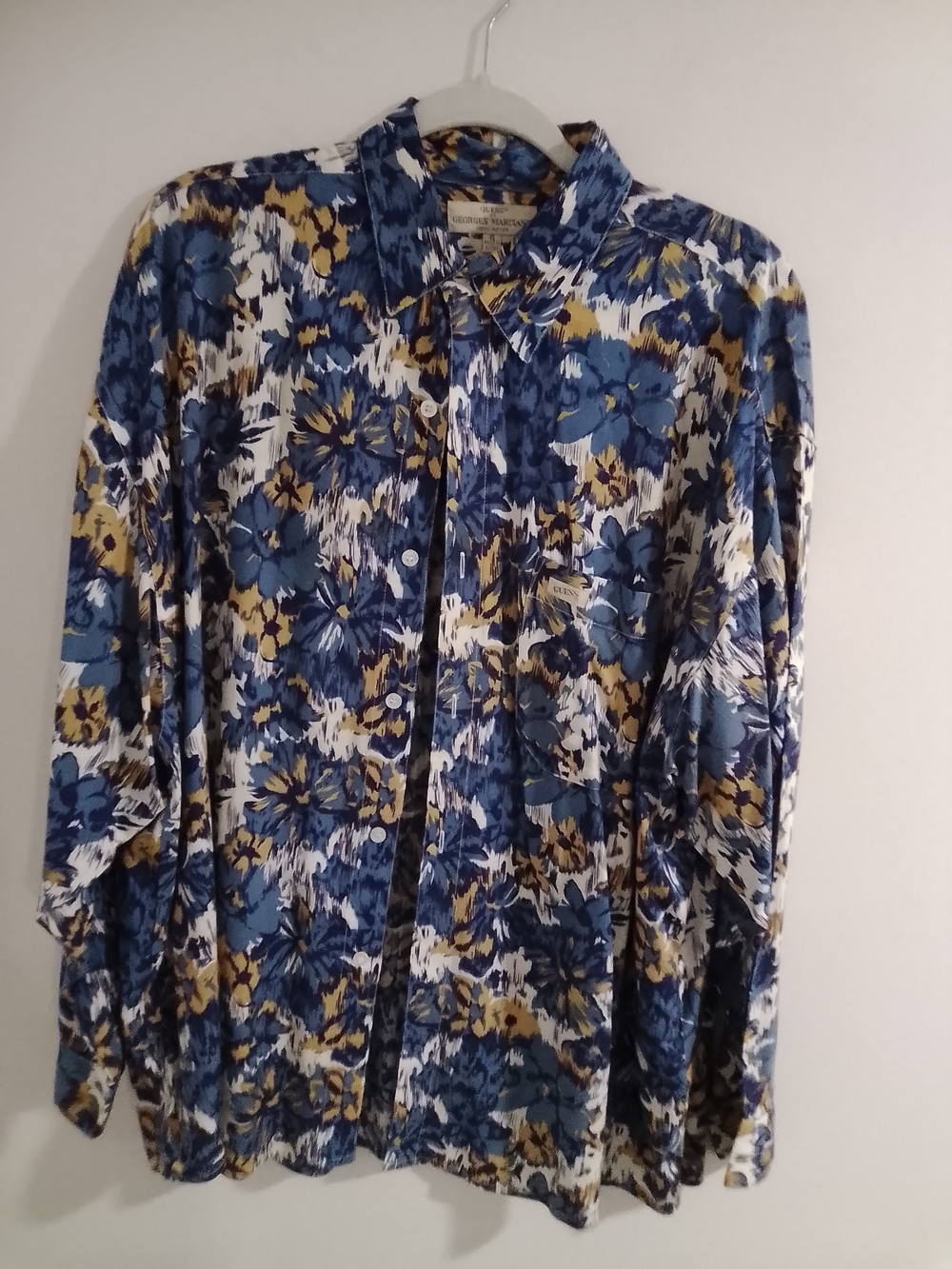 Guess Blue Floral Button-Front Shirt with Cream and Brown Accents